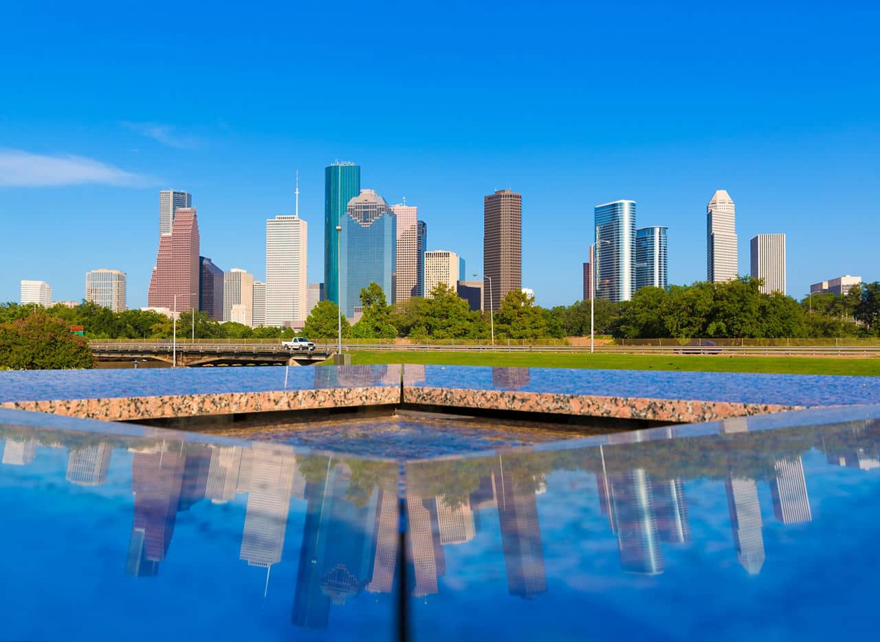 Houston skyline and Memorial reflection Texas USA US