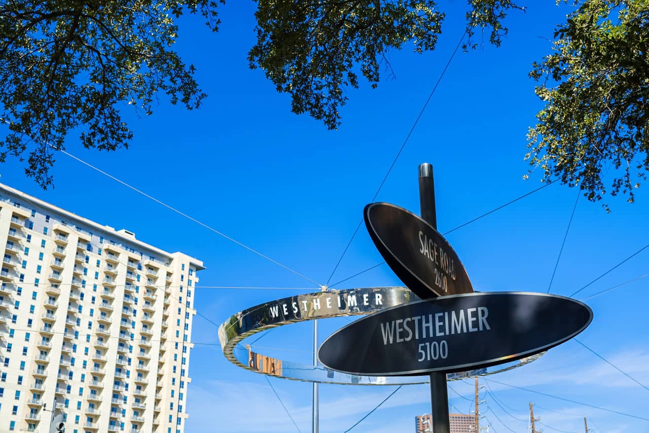 Cityscape sign view in the uptown Houston, Texas business district.