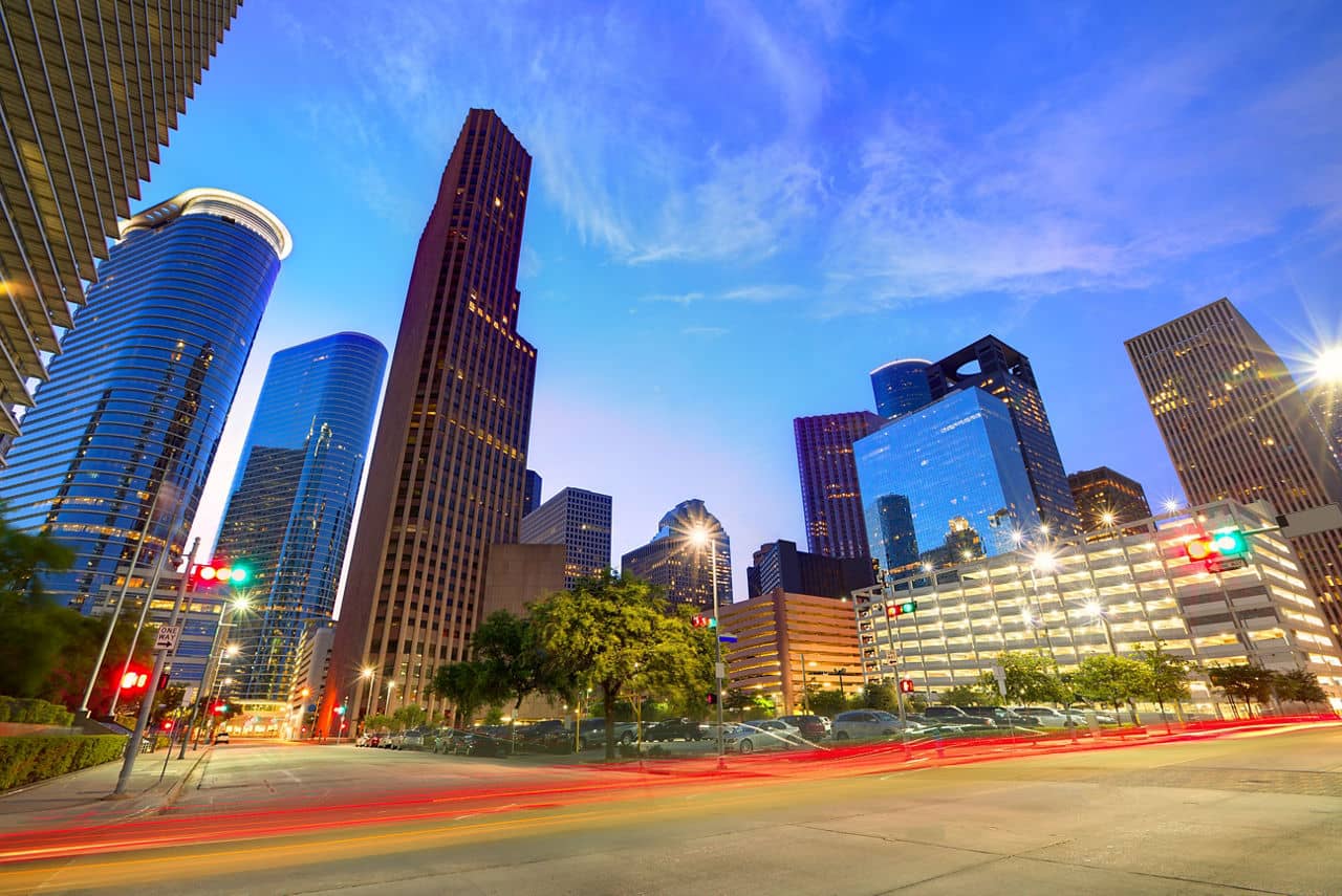 Houston Downtown skyline at sunset from south in Texas US USA